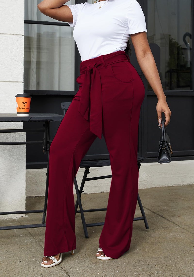 LKOUS Women Work Casual Stretchy Straight Wide Leg High Waisted Long Pants Belt,T- Wine,X-Large - Image 2